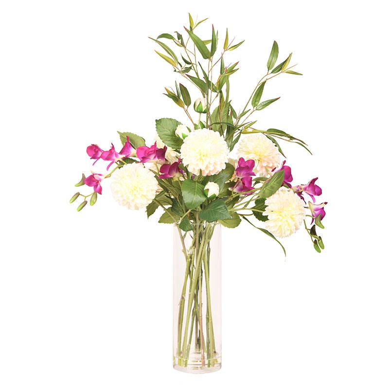  Orchids And Dahlias In Tall Glass 
