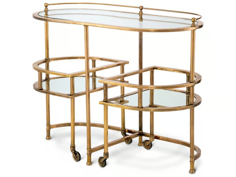  Lavalle Vintage Brass Serving Cart with Mirrored and Clear Glass 