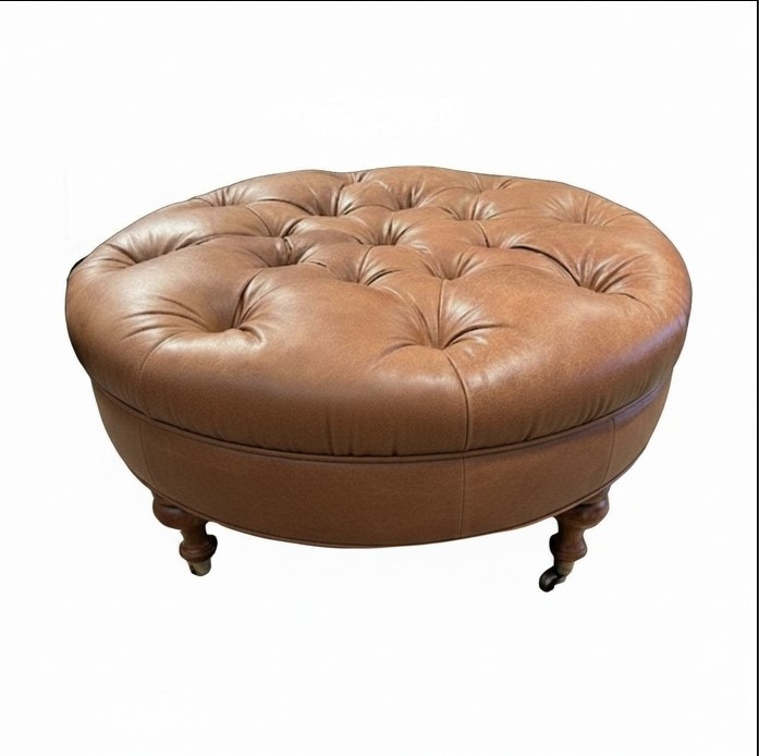  36 Round Tufted Cocktail Ottoman Turned Leg with Caster 