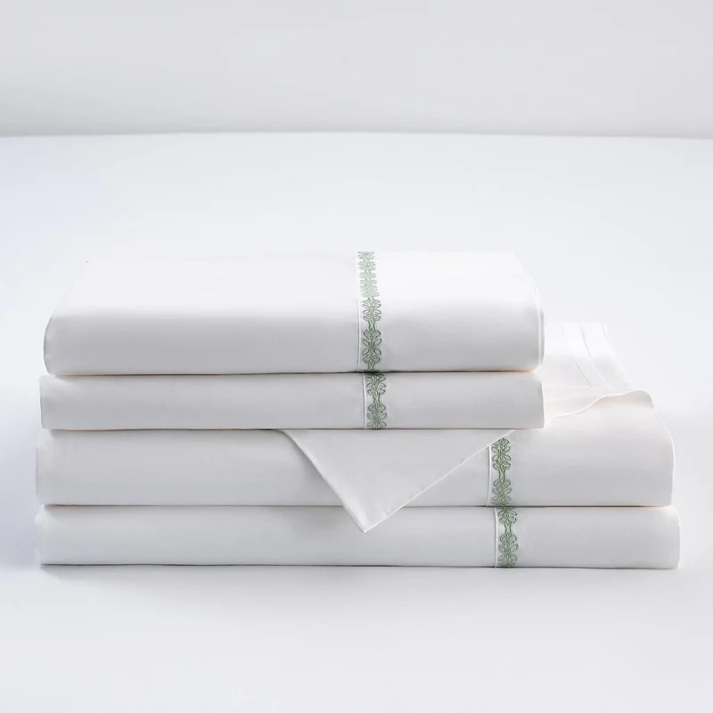  Laurel Embroidered Border Sheet Set, Queen, Fern Green 