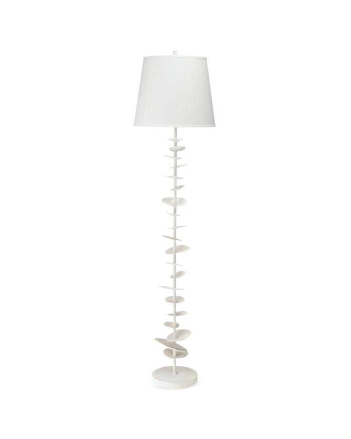  Petals Floor Lamp in White Gesso with Cone Shade in Off White Linen 