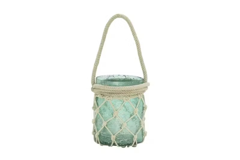  Blue Glass/Rope Cndl Lantern 5W, 16H 