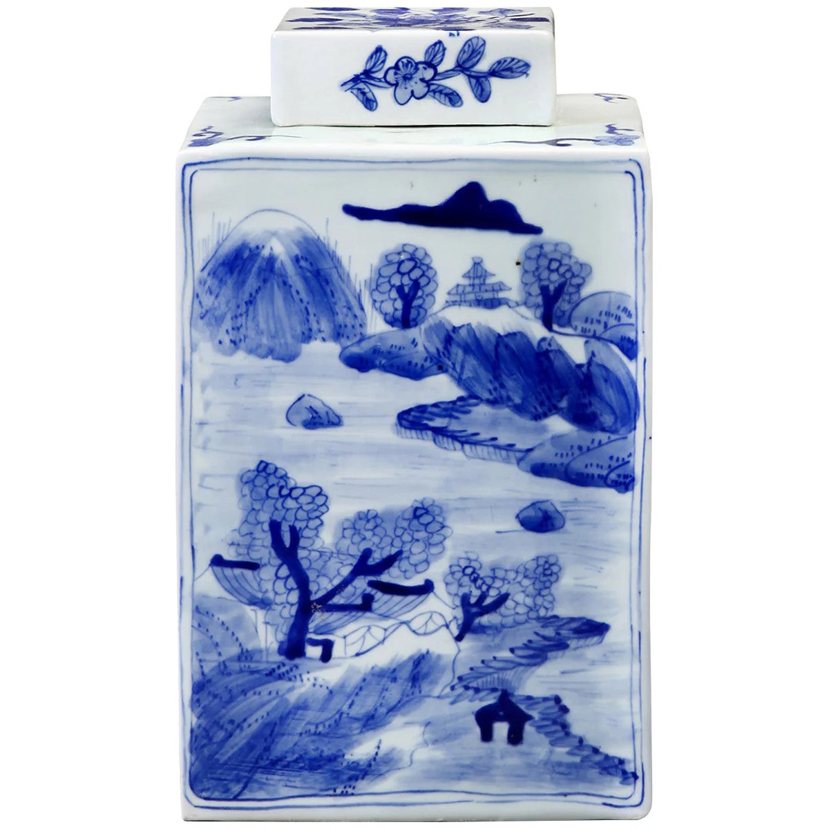  Peony Square Jar, Blue and White 