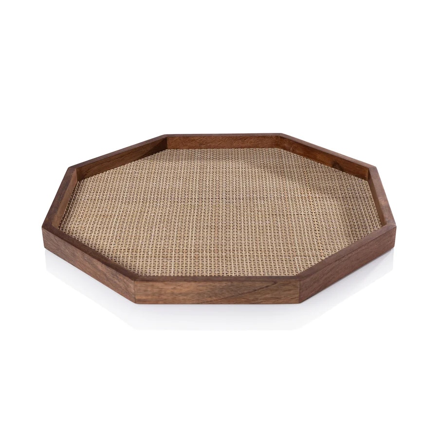  Mango Wood with Rattan Inlay Octagonal Tray 