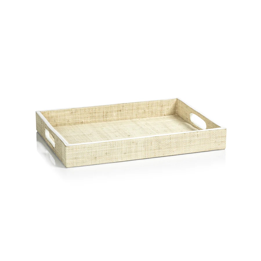  Atelier Natural Fiber Raffia Serving Tray with Leather Trim - Small 