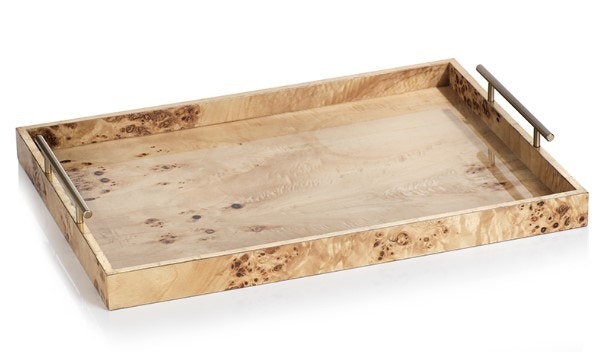  Leiden Burl Wood Design Rectangular Tray w/ Gld Handles 
