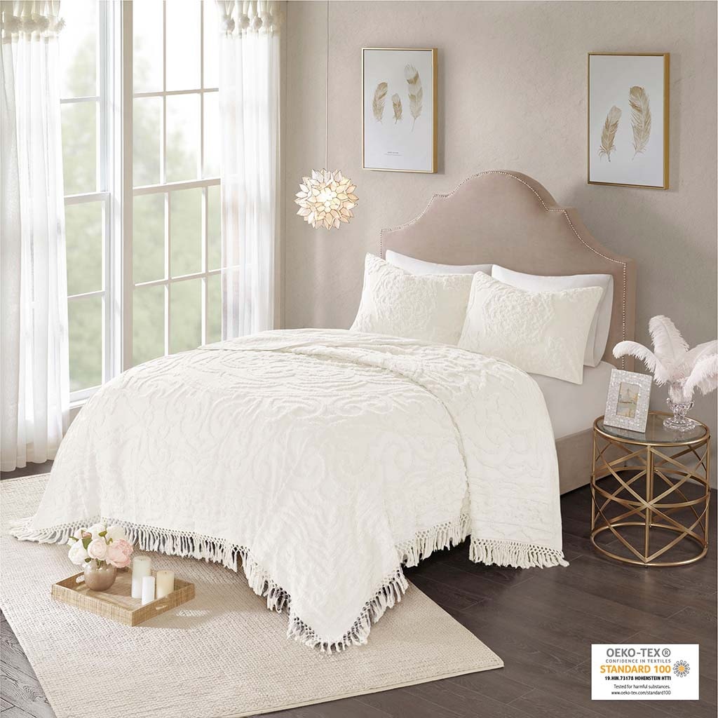 Hampton Hill Bedding Laetitia Tufted Cotton Chenille Medallion Fringe Coverlet Set MP13-5875