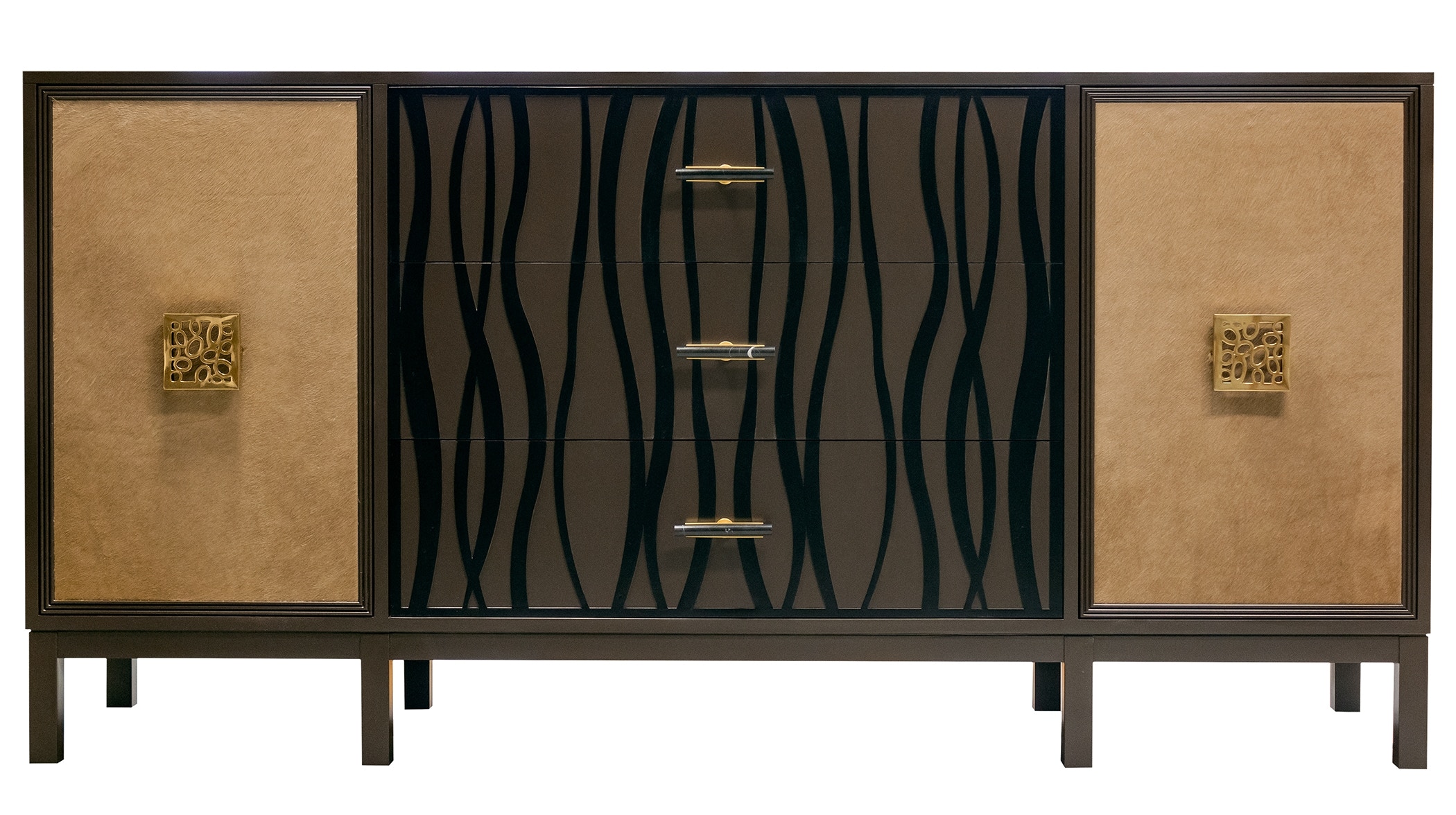 Kindel Furniture Facets 72 Winged Credenza, One Door, Three Drawer, One Door 68-12-DR11-DW3-BP2W