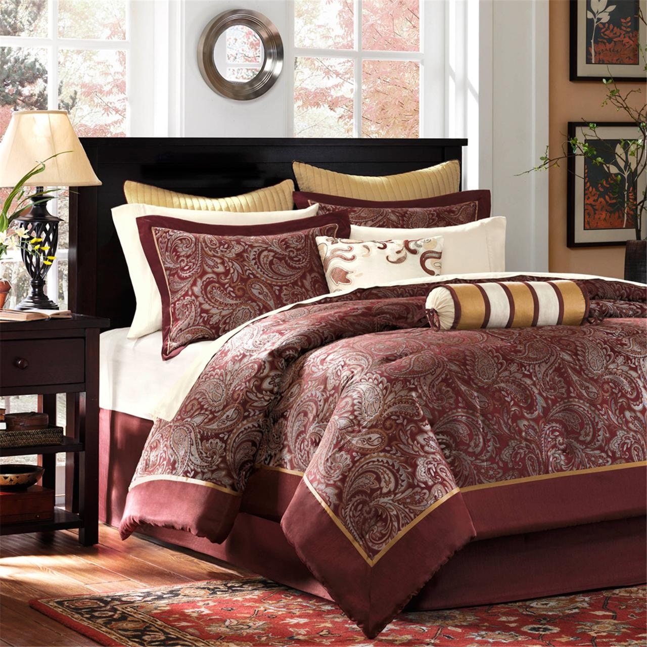HIG 7 Piece Burgundy and Gold Faux Silk Fabric Embroideried Bedding Set,  Queen 