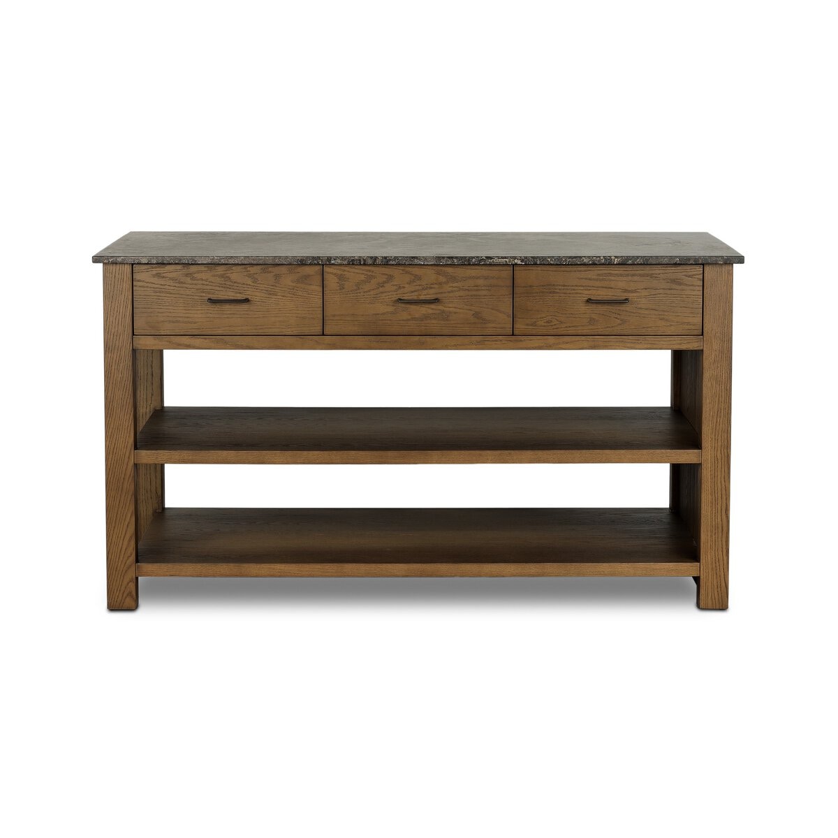 Four Hands Furniture Divina Kitchen Island-Warm Grey Marble-Fawn Oak Veneer-Gris Gunmetal Iron 248923-001