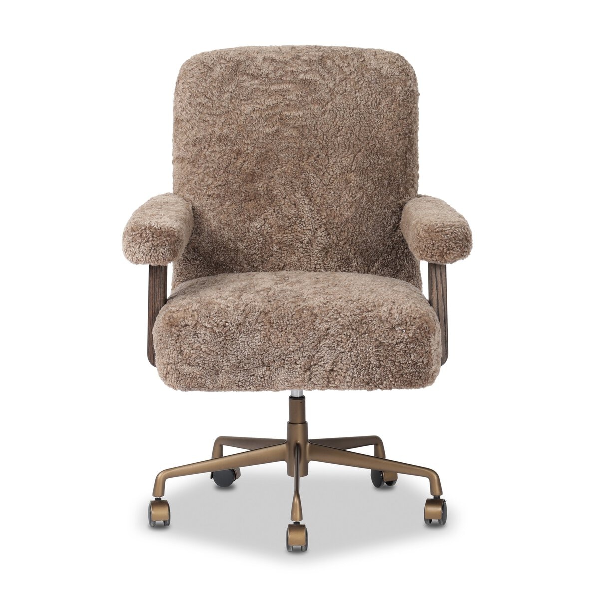 Four Hands Furniture Bergen Desk Chair-Taupe Shearling-Brown Oak-Brushed Brass Aluminum 249139-001