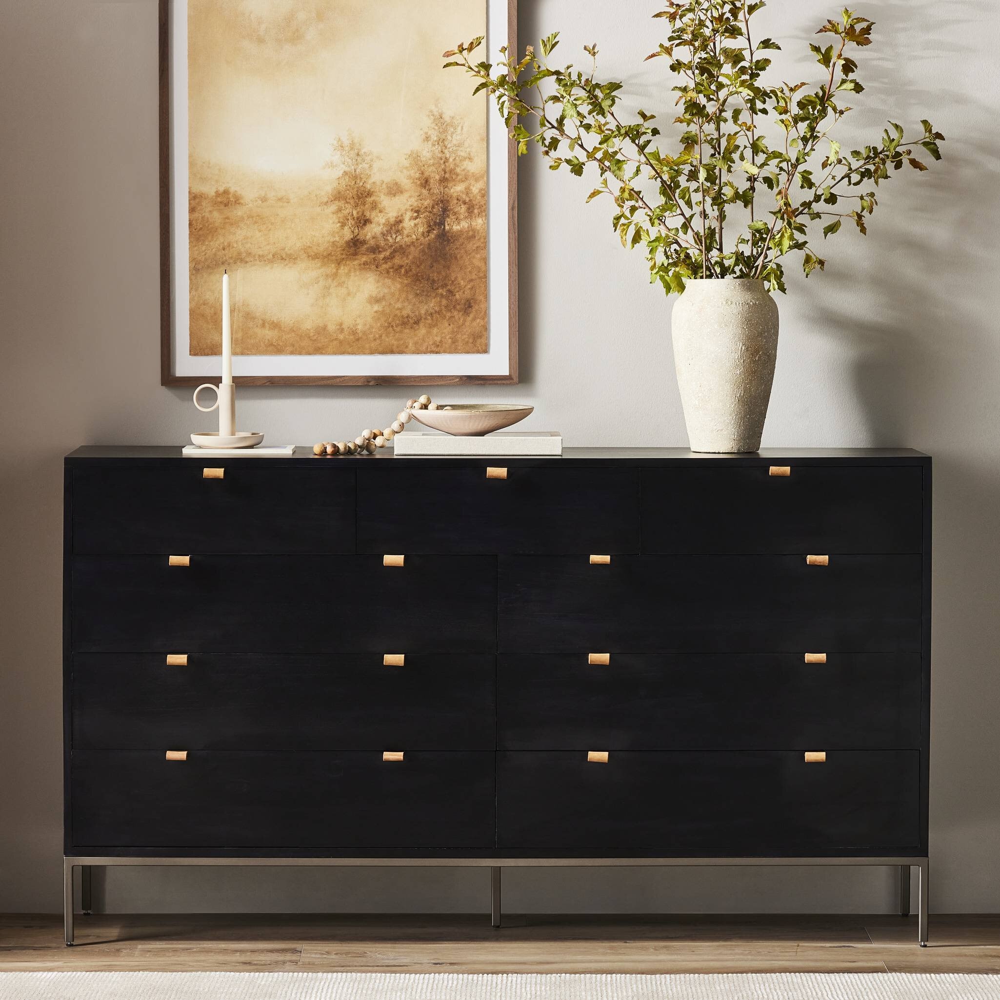 Four Hands Furniture 230300-002 Bedroom Trey 9 Drawer Dresser-Black Wash  Poplar