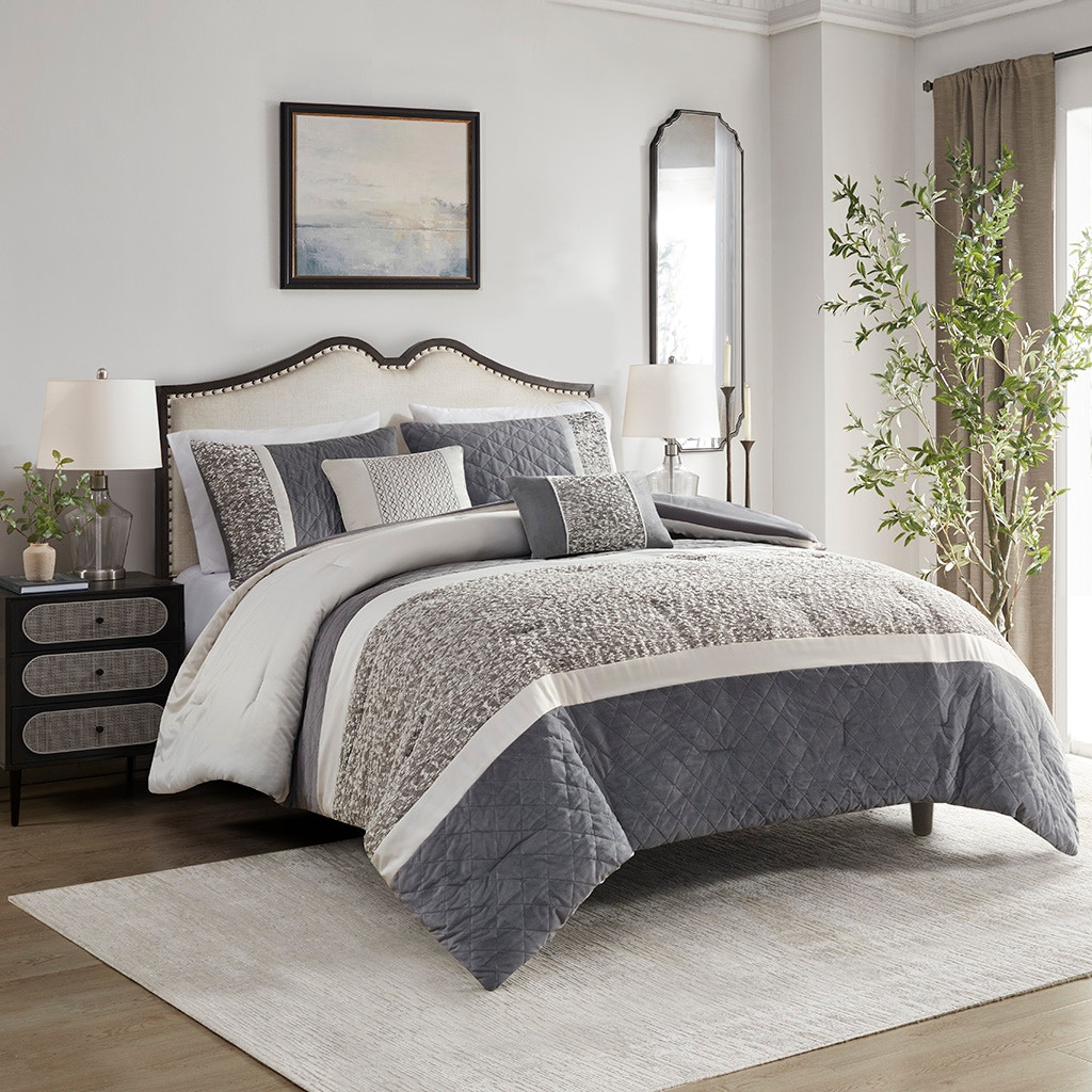 Hampton Hill Bedding Amelia 5 Piece Textured Jacquard Stripe Comforter Set with Throw Pillows MP10-8378