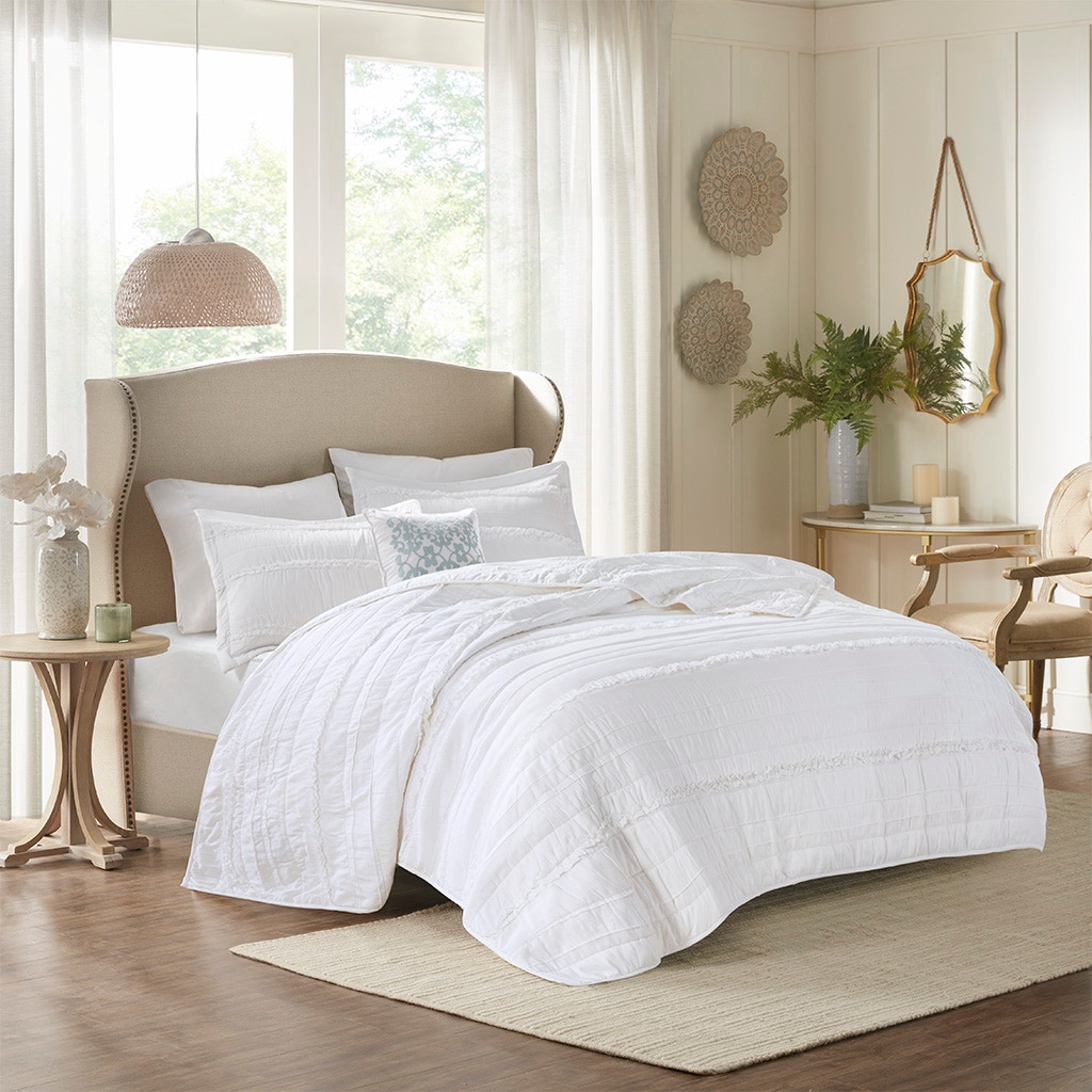 Hampton Hill Bedding Celeste 4 Piece Microfiber Reversible Ruffle Quilt Set with Throw Pillow MP13-2533
