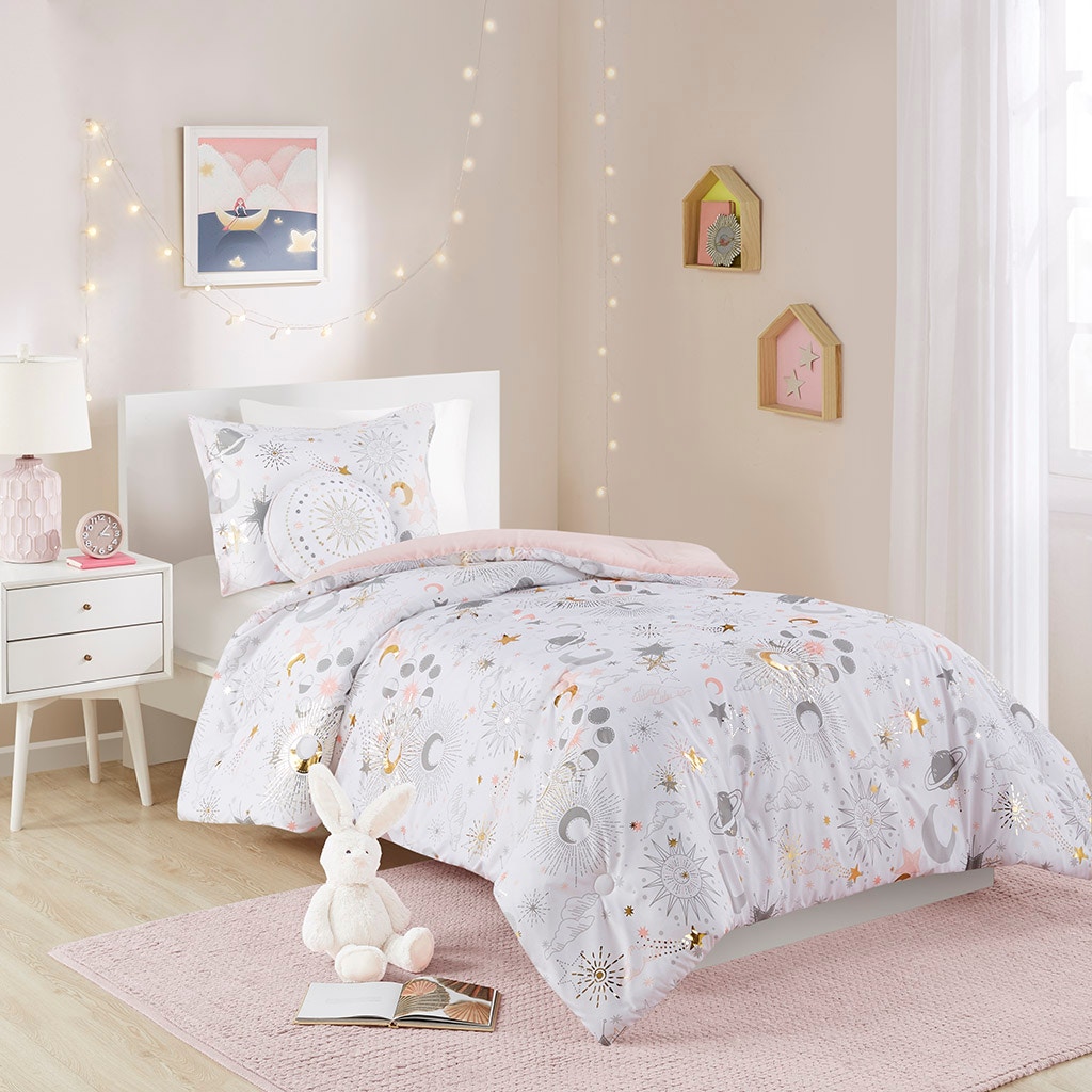 Hampton Hill Bedding Celia Starry Sky Metallic Comforter Set with Throw Pillow MZK10-226