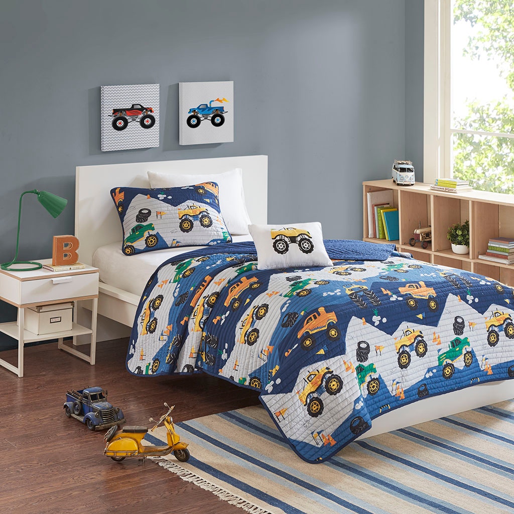 Hampton Hill Bedding Nash Monster Truck Reversible Quilt Set with Throw Pillow MZK13-167
