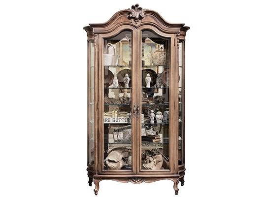 Karges Furniture Louis XV Curio with Carved Crown and Bent Glass Ends K445