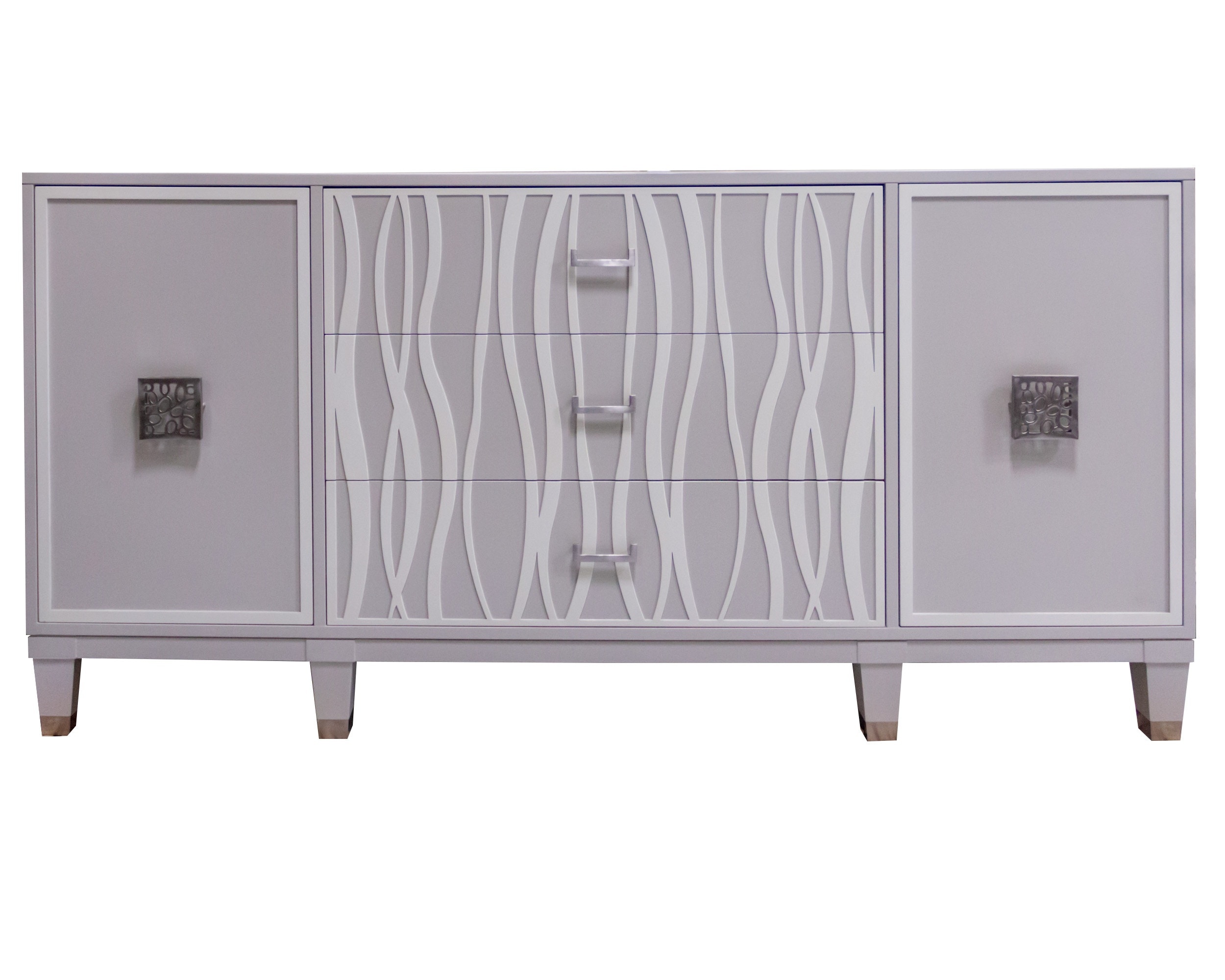 Kindel Furniture Facets 72 Winged Credenza, One Door, Three Drawer, One Door 68-12-DR22-DW3-BF2W-A