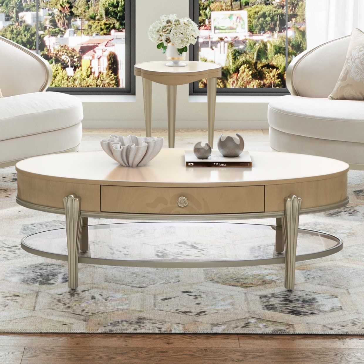 Michael Amini Furniture Camellia Field Oval Cocktail Table Caramel 9090201-134