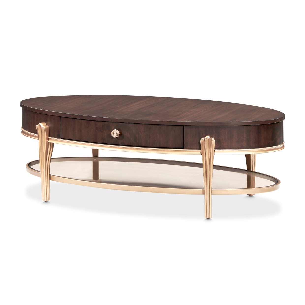 Michael Amini Furniture Camellia Field Oval Cocktail Table Warm Pecan N9090201-400
