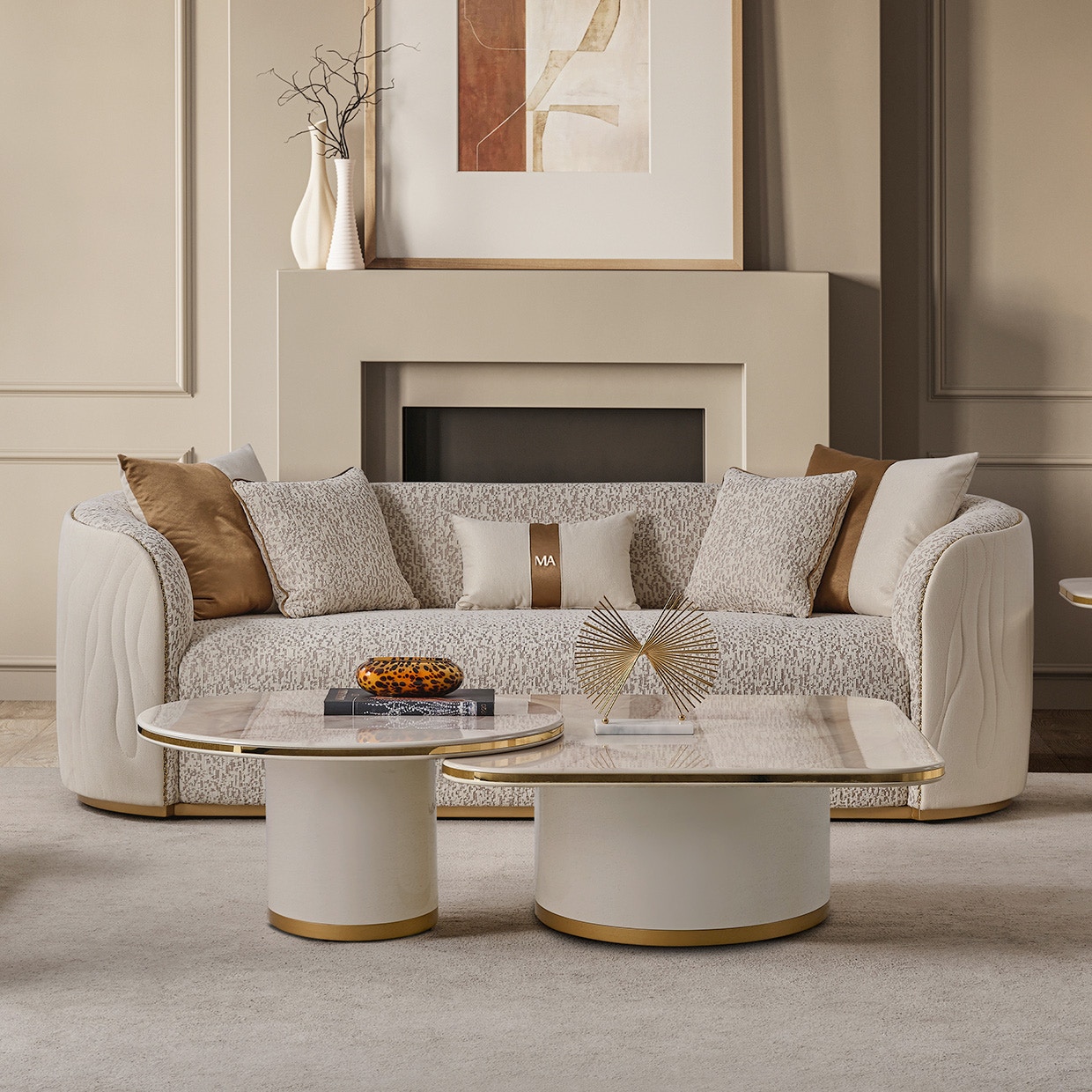 Michael Amini Furniture Boucle Sofa - Biscotti LFR-GNVA815-BSC-839