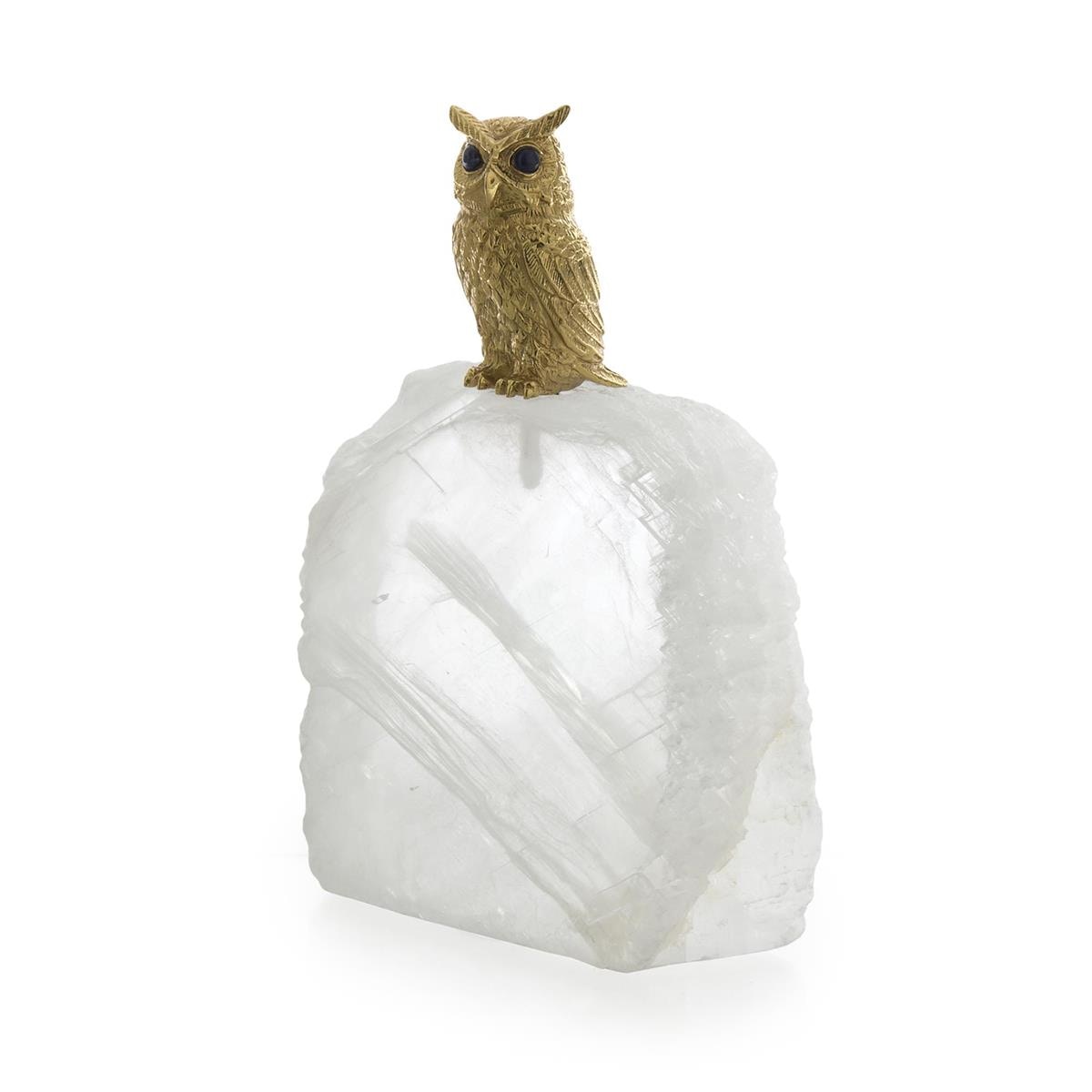 John Richard Perched Brass Owl Sculpture on Selenite, Small JRA-16107