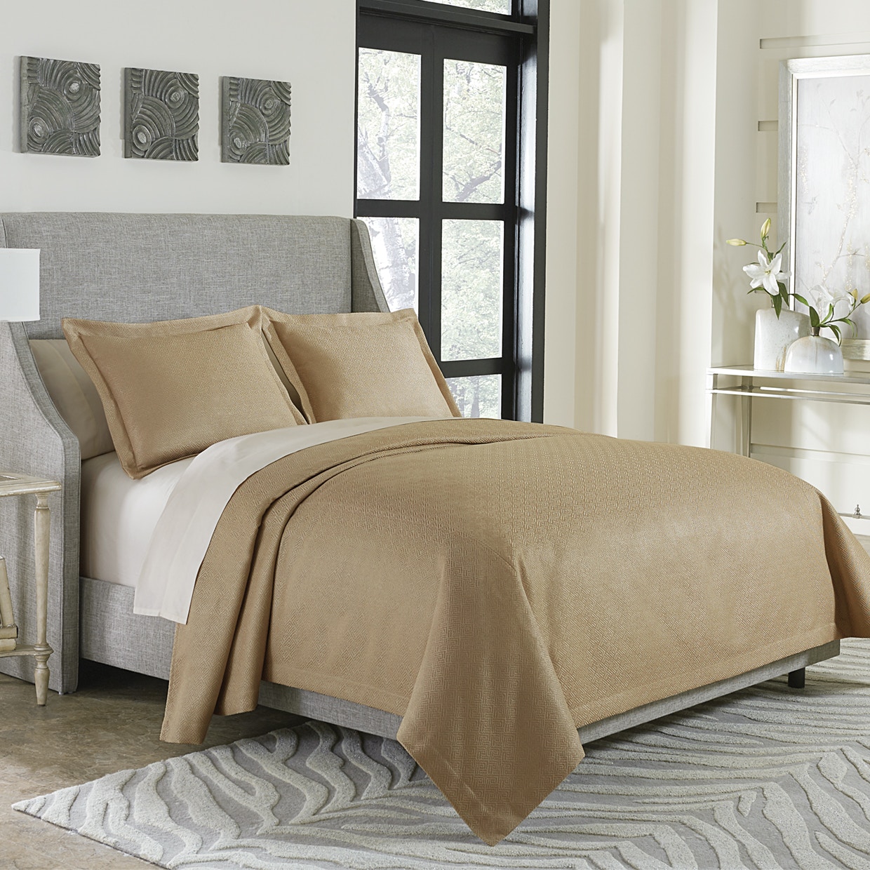 Michael Amini Furniture 3pc Queen Bed Throw/Coverlet Set Gold BCS-QBT3-ALTON-GLD