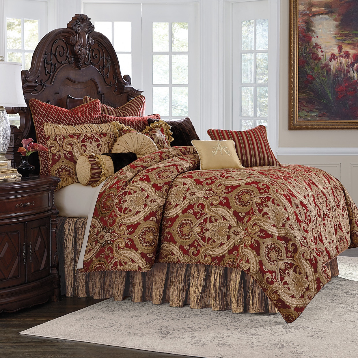 Michael Amini Furniture Lafayette 12 pc Queen Comforter Set Red BCS-QS12-LYFYE-RED