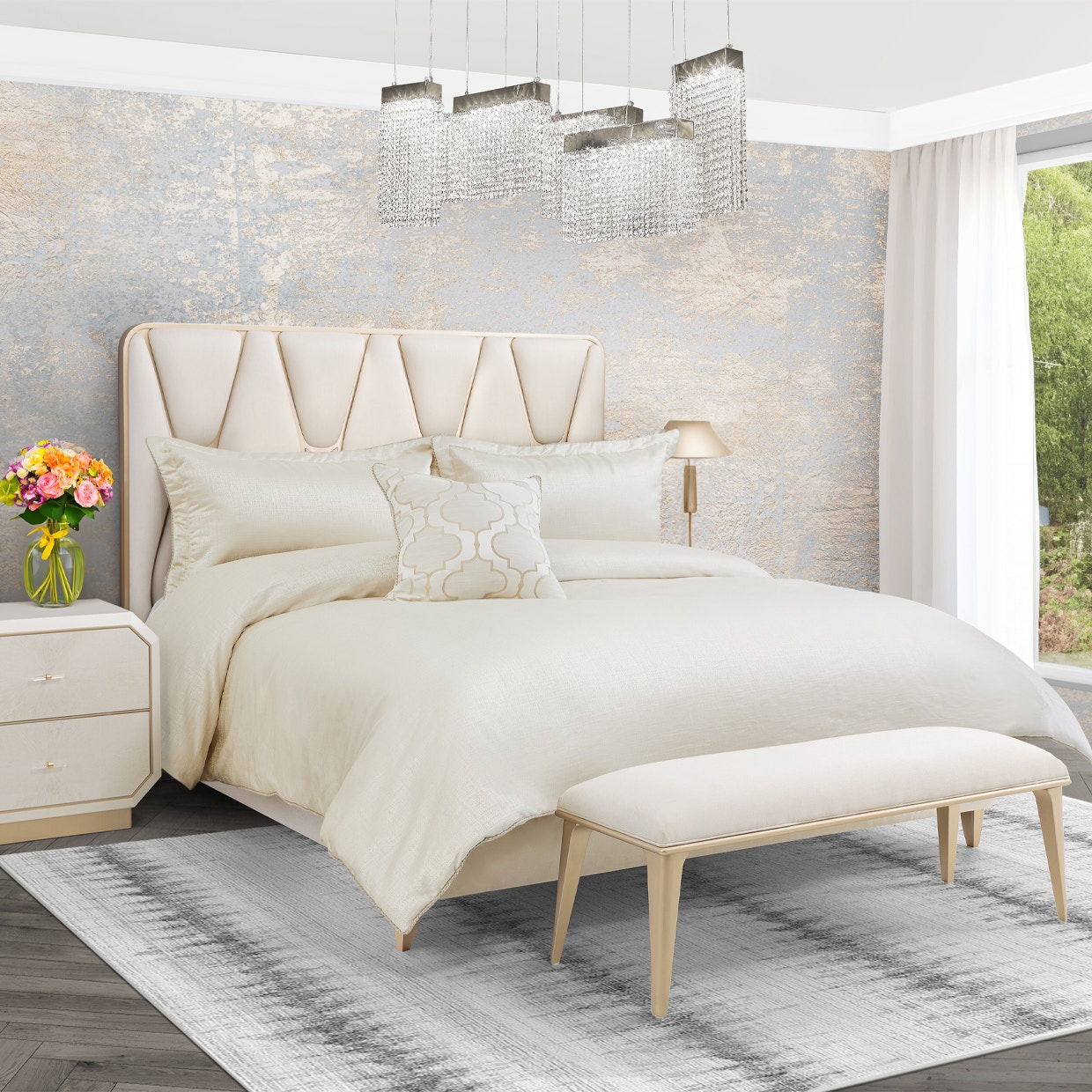 Michael Amini Furniture 4pc Queen Comforter Set Ivory BCS-QS04-WSTLYN-IVY