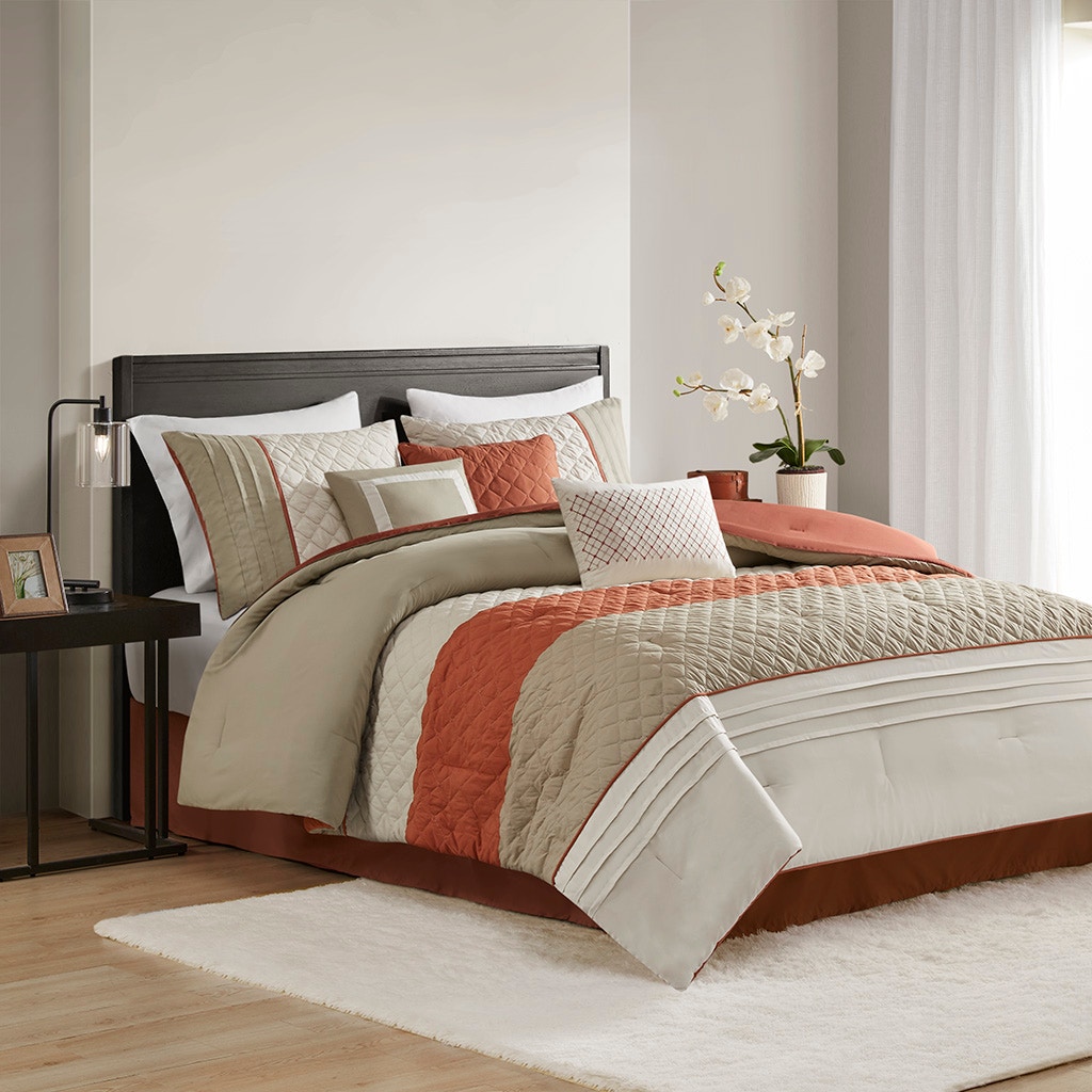 Hampton Hill Bedding Jenson 7 Piece Color Block Stripe Comforter Set with Throw Pillows MP10-8324