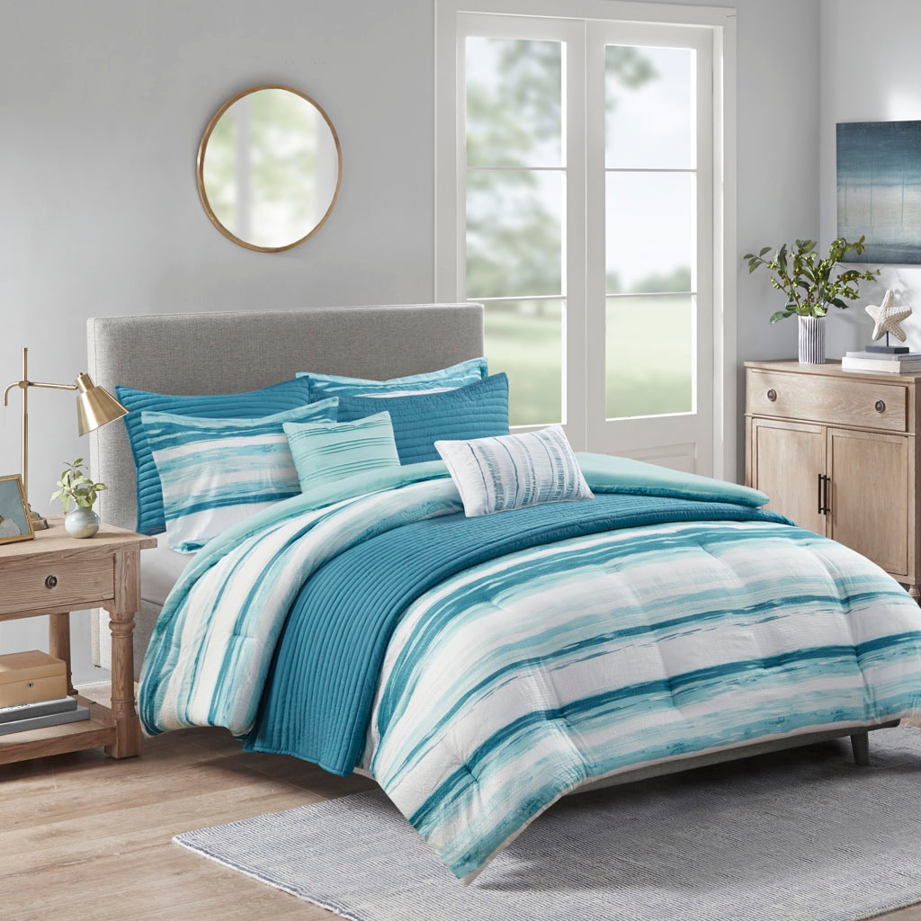Hampton Hill Bedding Marina 8 Piece Printed Seersucker Comforter and Quilt Set Collection MP10-7946