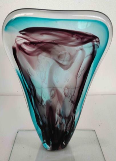 John Richard Eggplant Purple and Turquoise Handblown Glass Sculpture II JRA-14060