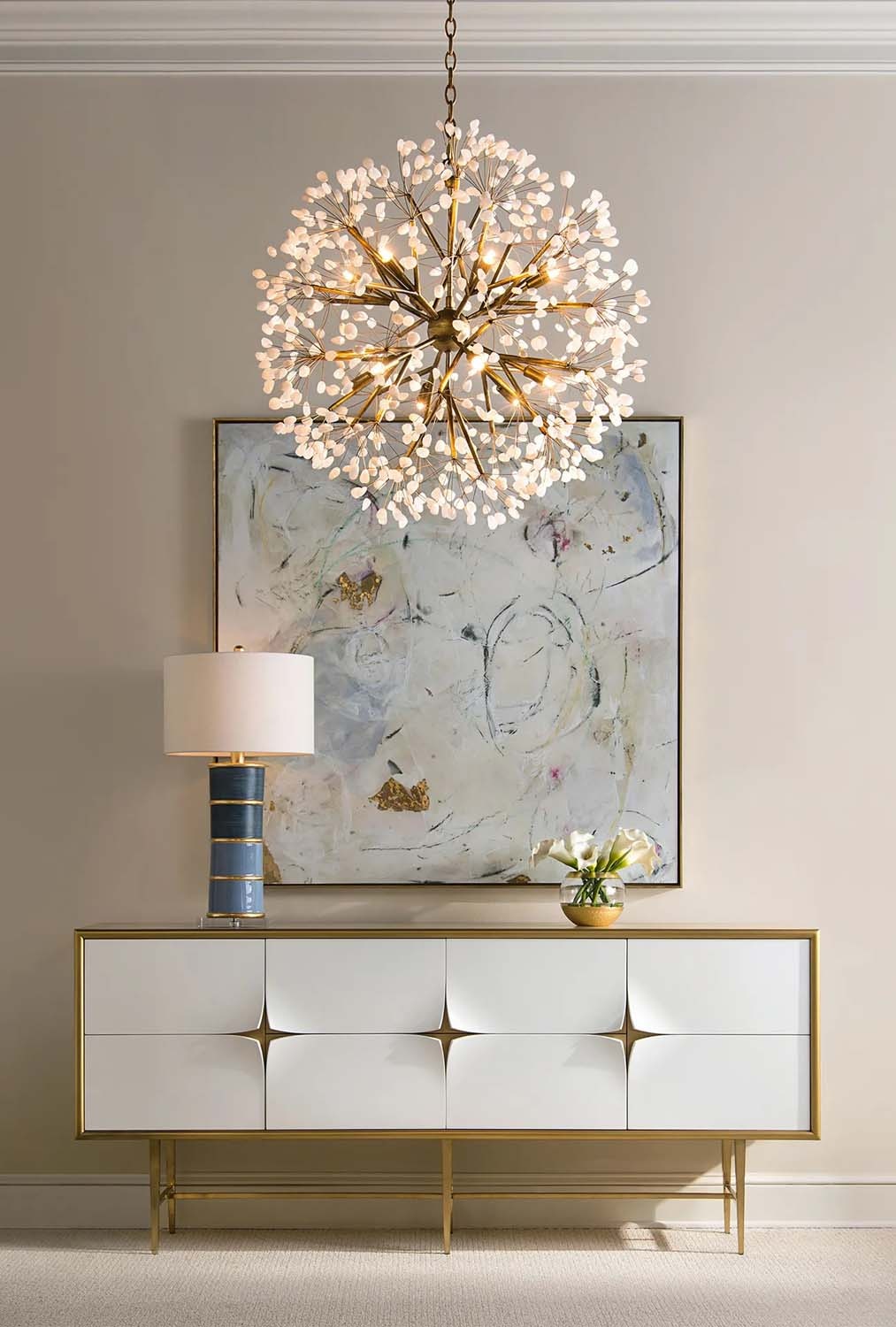 Stone, Quartz Chandelier and Pared Cabinet Crystal Lighting Splendor